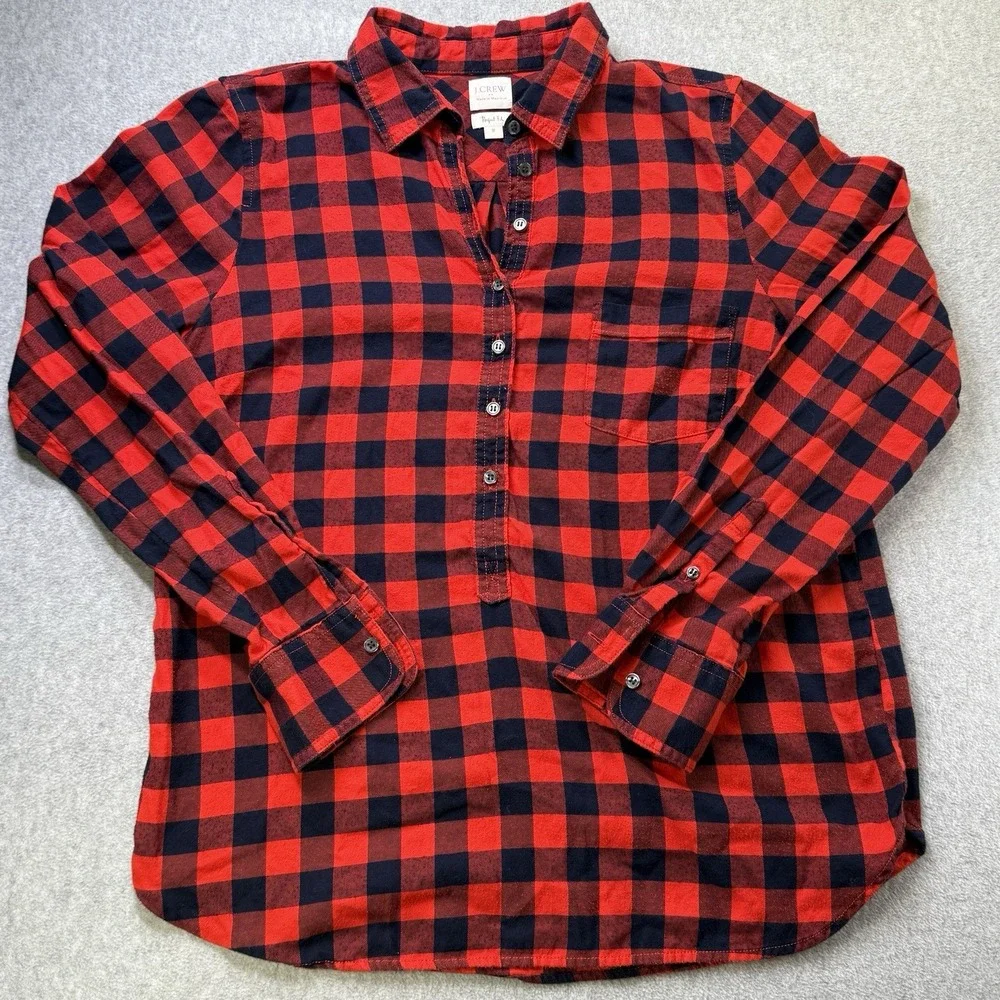 J‎ Crew Womens M Red Black Buffalo Plaid Flannel Collared 1/2 Button Shirt Top